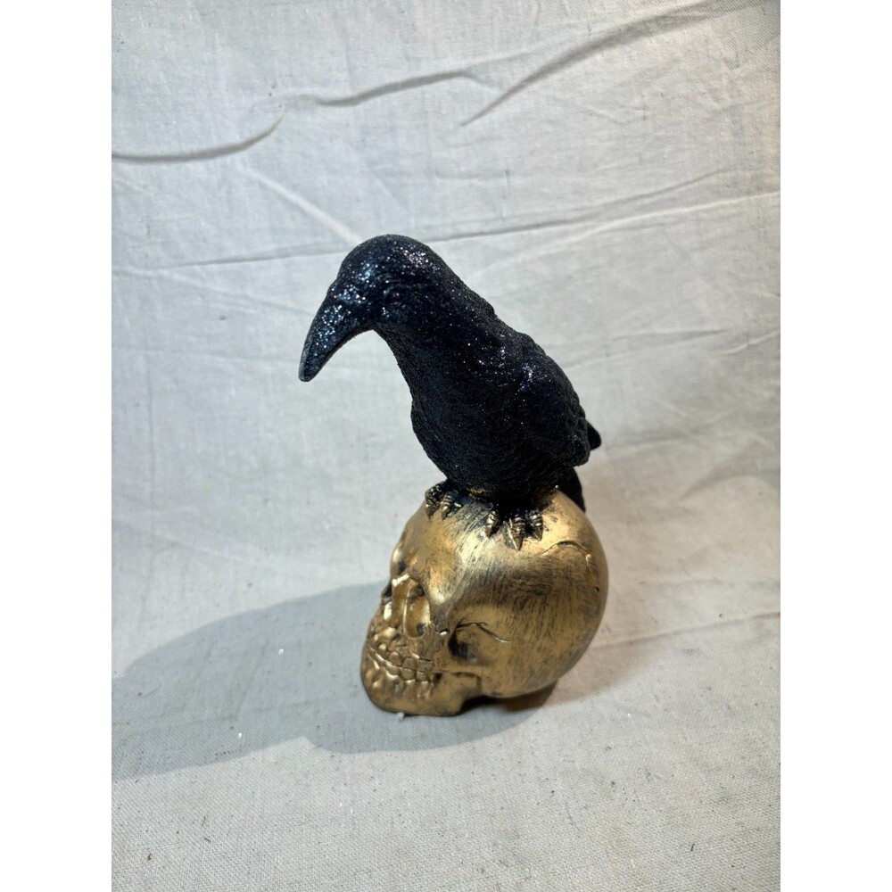 Raven On Gold Skull Halloween Decor Statue Black Glitter Bird Crow - Picture 4 of 8